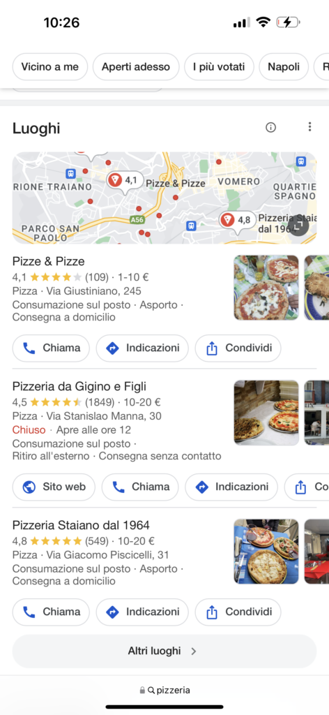 Screenshot della ricerca per pizzerie da mobile, zona Soccavo in Napoli