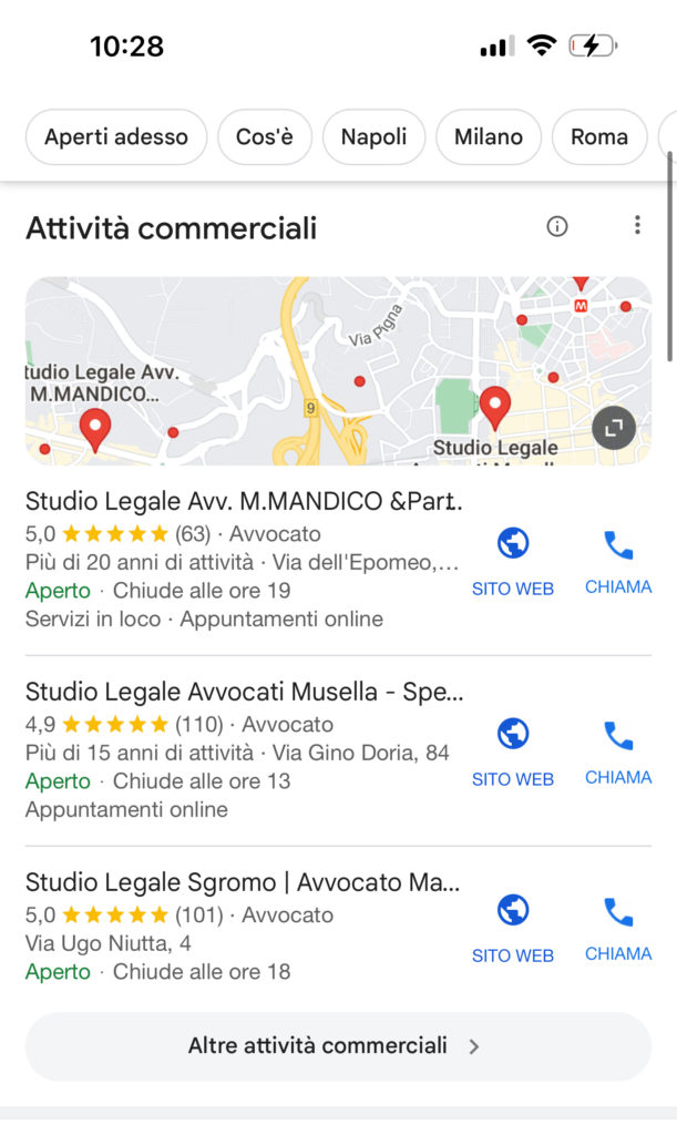 Screenshot della ricerca per studio legale da mobile, zona Soccavo in Napoli