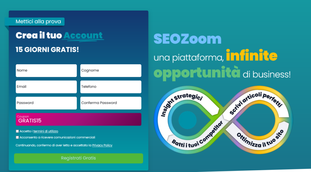 La schermata above the fold di una delle più recenti landing page di SEOZoom